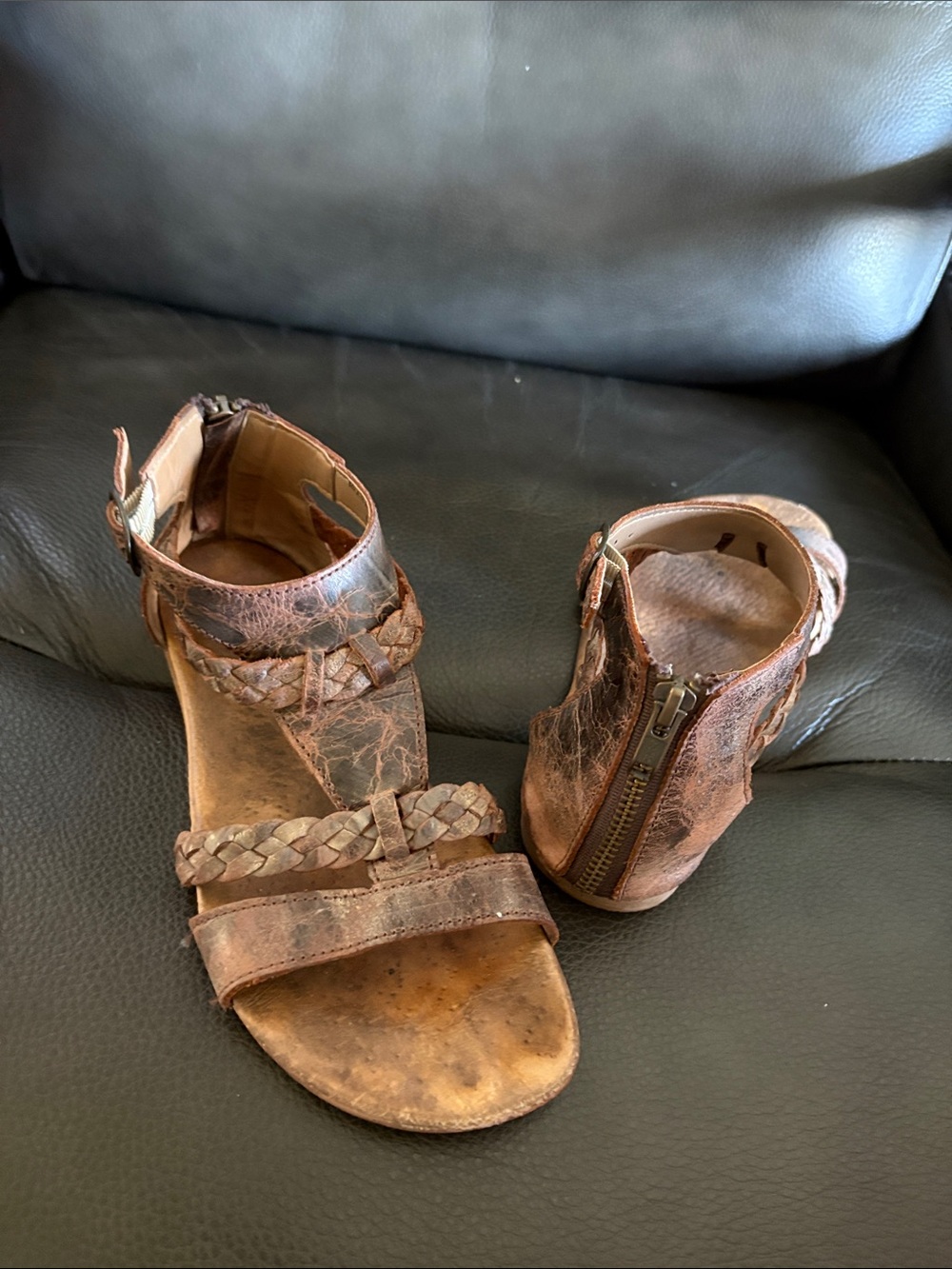 Braided Brown Leather Ankle-Strap Sandals
